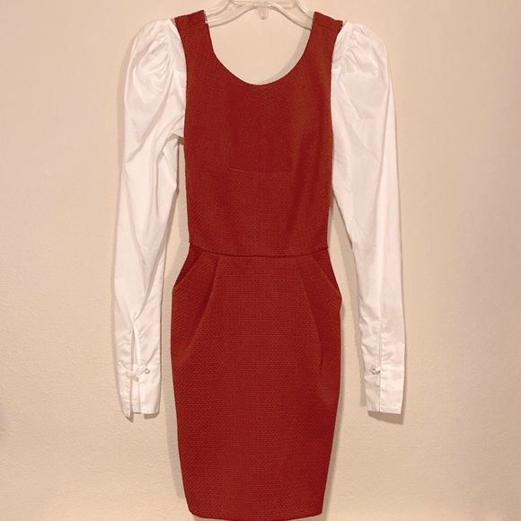 🍁 Forever 21 Contemporary 🍁 Burnt Orange Waffle Knit Bib Pleat Mini Dress Sz S - Picture 6 of 10